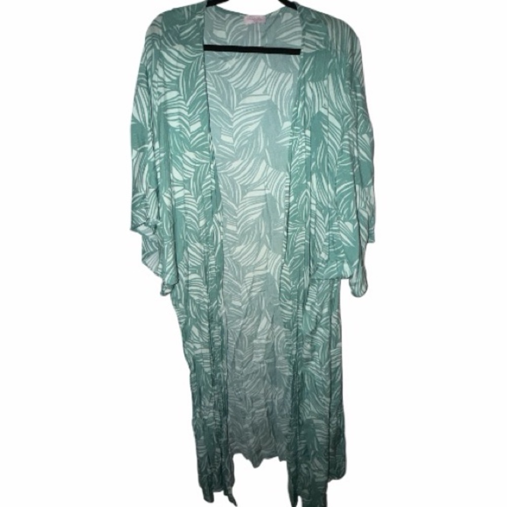 Pink Lily Mint Leaf Print Kimono